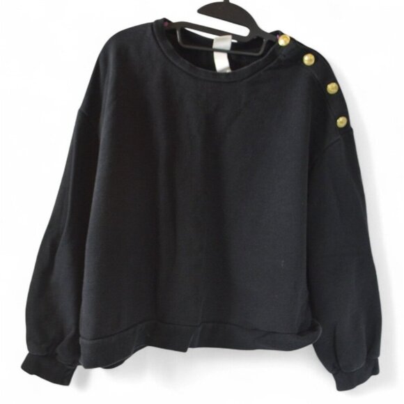 H&M Women’s Black Pullover Sweatshirt XL Gold Button Shoulder Crewneck - Picture 1 of 3